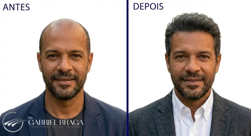 Resultado transplante capilar FUE Goiânia — antes e depois vista posterior, Técnica MAX FUE-BR Dr. Gabriel Braga