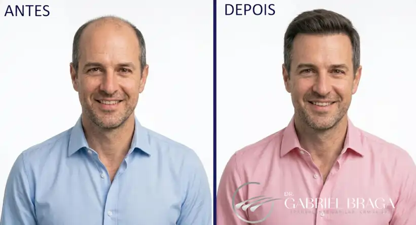 Resultado transplante capilar FUE Goiânia — antes e depois hairline frontal, resultado natural Dr. Gabriel Braga