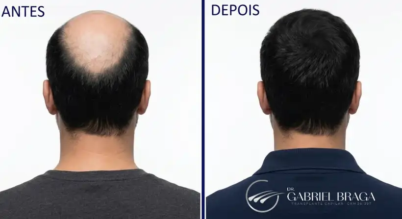 Resultado implante de cabelo Goiânia — antes e depois vista superior, alta densidade grafts Dr. Gabriel Braga