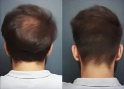 Resultado transplante capilar FUE Goiânia — antes e depois vista posterior, método MAX FUE Dr. Gabriel Braga
