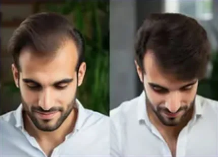 Resultado transplante capilar FUE Goiânia — antes e depois hairline frontal, resultado natural Dr. Gabriel Braga